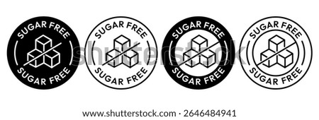 Sugar free icons. Zero sugar label. Set allergen free icons. Allergen free products. Sugar free logo, label, badge, sticker, symbol, emblem, black, circle, line, vector, isolated illustration.