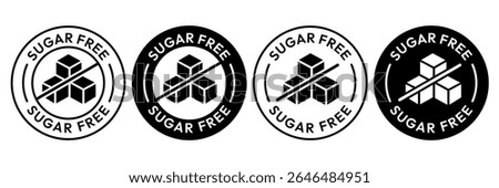 Sugar free icons. Zero sugar label. Set allergen free icons. Allergen free products. Sugar free logo, label, badge, sticker, symbol, emblem, black, circle, line, vector, isolated illustration.