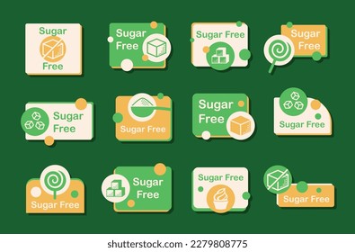 Sugar free isometric icon set healthy food diabetic eat ingredient comproud product label vector illustration. Health dietary nutrition no calorie added sticker low sweet natural organic meal emblem