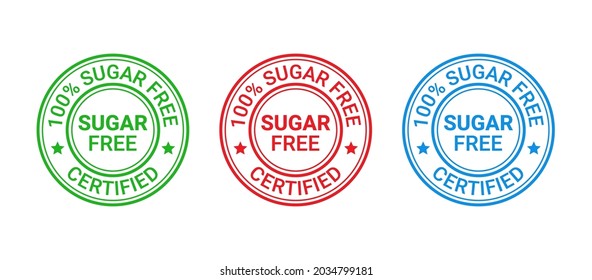 Sugar free label icon. No sugar added stamp. Diabetic round seal badge. Green, red and blue imprint stickers isolated on white background. Vector illustration. Emblem for package product. Flat design.