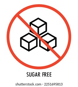 Etiqueta libre de azúcar. Cubos de azúcar del sector en icono redondo para no un diseño de embalaje de productos con adición de azúcar. Ilustración vectorial.