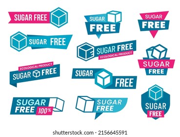 Sugar free labels and icons. Vector zero or low sugar diet food products. Isolated blue symbols of sugar cubes with pink ribbons for diabetic nutrition, natural sweets and healthy food products