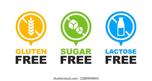 Sugar free, Lactose free, Gluten free - allergen free label set. Natural product and organic food badges. Healthy food signs. Vector illustration.