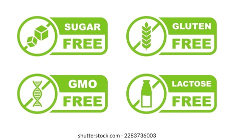 Sugar free, Lactose free, Gluten free, GMO free - label set. Natural product and organic food badges. Healthy food signs. Vector illustration.