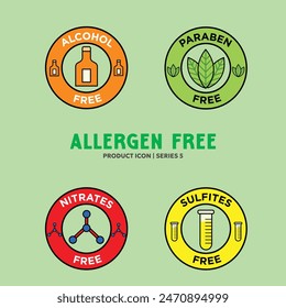 Sugar free Lactose Gluten GMO free allergen label set - Allergen free products collection - EPS Vector badges