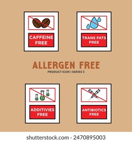 Sugar free Lactose Gluten GMO free allergen label set - Allergen free products collection - EPS Vector badges