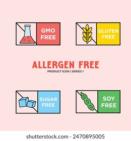 Sugar free Lactose Gluten GMO free allergen label set - Allergen free products collection - EPS Vector badges