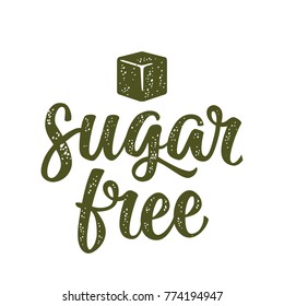 Sugar free lettering with cube. Vector dark green vintage illustration on white background.