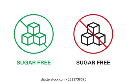 Symbolsatz für freie Linie Zucker Essen ohne Zuckerzusatz mit Stopp Sign. Glucose Verbotenes Symbol. Null-Glucose-Garantie-Logo. Kein Zucker für das Etikett des Diabetikums. Einzelne Vektorgrafik.