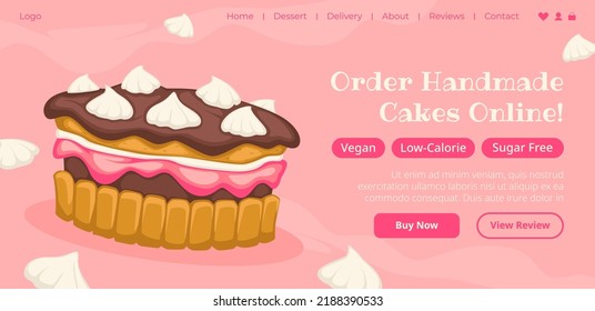 Sugar free and low calorie, vegan cake, order homemade desserts from shop. Chocolate glazing on pie, mouse and creamy taste. Website landing page template, internet web site. Vector in flat style