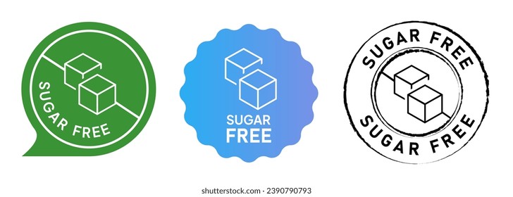 Sugar free no sugar diabetic emblem tag circle set label rubber stamp collection in green blue gradient and black color