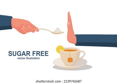 Sugar free. No sugar sign. Prohibitory sign crossed out a spoon with sweets. Ban on sweets. Harmful product. Healthy lifestyle. Vector illustration flat design. Isolated on white background.