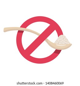 Sugar free. No sugar sign. Red prohibitory sign crossed out a spoon with sweets. Ban on sweets. Harmful product. Healthy lifestyle. Vector illustration flat design. Isolated on white background.