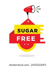 Sugar free sign, red label banner with megaphone flat style. Vector design for advertising.