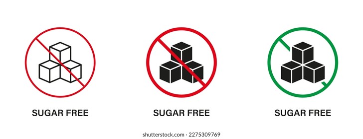 Sugar Free Silhouette and Line Icon Set. Food No Added Sugar with Stop Sign. Glucose Forbidden Symbol. Zero Glucose Guarantee Logo. No Sugar for Diabetic Product Label. Isolated Vector Illustration.