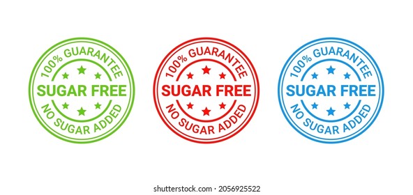 Sugar free stamp icon. No sugar added round badge. Diabetic label. Green, red and blue seal imprints isolated on white background. Emblem for package product. Vector illustration. Flat design.