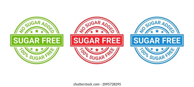 Sugar free stamp icon. No sugar added round badge. Diabetic label. Green, red and blue seal imprints isolated on white background. Vector illustration. Emblem for package product. Flat design.