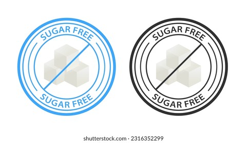 Sugar free stamp icon. No sugar added round label. Diabetic imprint badge. Green, red and blue seal marks isolated on white background. Emblem for package product. Flat design. Vector illustration