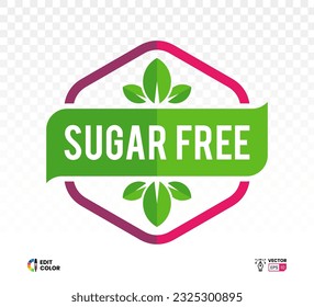 Sugar free vector sign design with leaf icon isolated on white. Minimalist concept label for food and drink  packaging, diet, symbol, logo, sticker, stamp