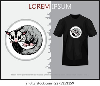 Sugar Glider isolated on white black t-shirt.