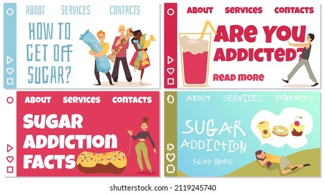 Sugar glucosa adicción problema de la web banners agrupados, ilustración vectorial plana. Azúcar anhelante y adicción poco saludable al concepto de comida dulce de las páginas web.