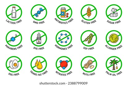 Sugar, gluten, GMO, lactose free icons and signs. Organic product, certified quality food vector pictogram. Soy, allergen, parabens and trans fats, nitrates, palm oil, DYE and hormones contain label