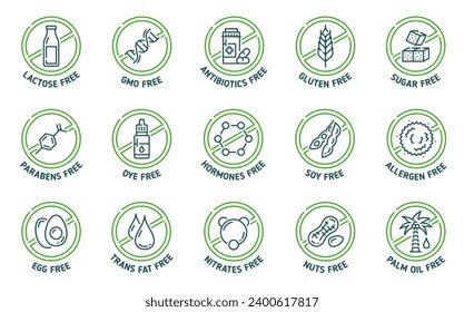 Sugar, gluten, GMO, lactose free icons and signs. Steroids, parabens and hormones, antibiotics, soy, allergen and palm oil, trans fat, nuts, egg contain in food product outline symbol pictograms