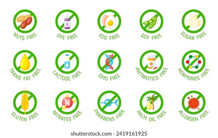 Sugar, gluten, GMO, lactose free icons and symbols. Bio safe agriculture product, hormones contain certification or natural food warranty vector seal. No DYE, eggs, soy free, sugar and trans fat signs