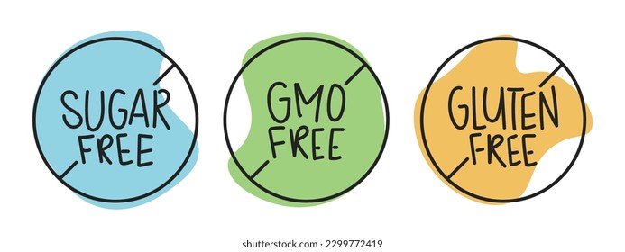 Sugar, GMO, gluten free signs set. Badge banner label sticker icon collection vector illustration design.