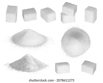 Sugar grains. Pastry ingredients for preparing delicious products sugar in square forms decent vector realistic collection