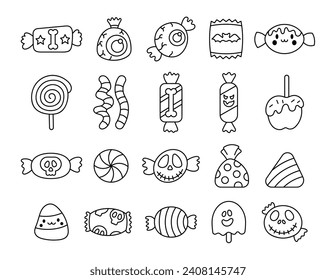 Sugar Halloween sweet candies. Coloring Page. Funny food. Cartoon caramel suckers. Hand drawn style. Vector drawing. Collection of design elements.