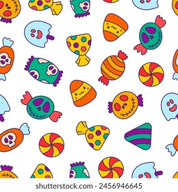 Sugar Halloween sweet candies. Seamless pattern. Funny food. Cartoon caramel suckers. Hand drawn style. Vector drawing. Design ornaments.