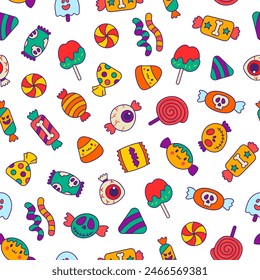 Sugar Halloween sweet candies. Seamless pattern. Funny food. Cartoon caramel suckers. Hand drawn style. Vector drawing. Design ornaments.