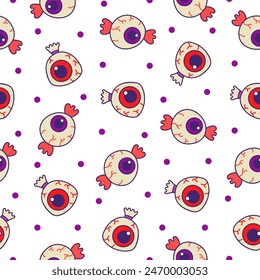 Sugar Halloween sweet candies. Seamless pattern. Funny food. Cartoon caramel suckers. Hand drawn style. Vector drawing. Design ornaments.