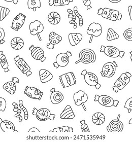 Sugar Halloween sweet candies. Seamless pattern. Coloring Page. Funny food. Cartoon caramel suckers. Hand drawn style. Vector drawing. Design ornaments.