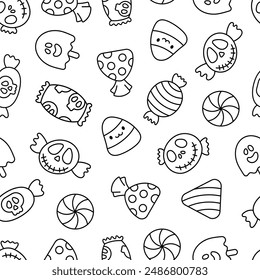 Sugar Halloween sweet candies. Seamless pattern. Coloring Page. Funny food. Cartoon caramel suckers. Hand drawn style. Vector drawing. Design ornaments.