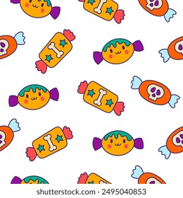 Sugar Halloween sweet candies. Seamless pattern. Funny food. Cartoon caramel suckers. Hand drawn style. Vector drawing. Design ornaments.