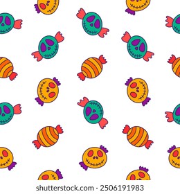 Sugar Halloween sweet candies. Seamless pattern. Funny food. Cartoon caramel suckers. Hand drawn style. Vector drawing. Design ornaments.