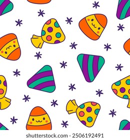 Sugar Halloween sweet candies. Seamless pattern. Funny food. Cartoon caramel suckers. Hand drawn style. Vector drawing. Design ornaments.