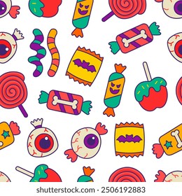 Sugar Halloween sweet candies. Seamless pattern. Funny food. Cartoon caramel suckers. Hand drawn style. Vector drawing. Design ornaments.