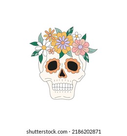 Sugar Hippie Groovy Scull Floral vector illustration isolated on white. Retro 70s 60s Day of the Dead Halloween braincase skeleton dead head print for T-shirt design.