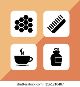 sugar icon. 4 sugar set with syrup, honey, hot coffee rounded cup on a plate from side view and comb vector icons for web and mobile app
