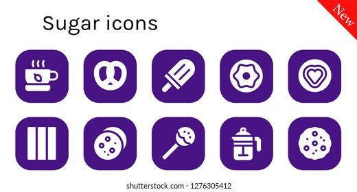  sugar icon set. 10 filled sugar icons. Simple modern icons about  - Tea, Pretzel, Popsicle, Donut, Candy, Chewing gum, Cookie, Lollipop, French press