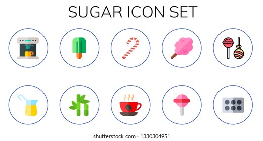 sugar icon set. 10 flat sugar icons.  Collection Of - coffee machine, coffee, popsicle, sugar cane, candy cane, cotton candy, lollipop, cupcake