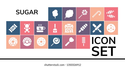 sugar icon set. 19 filled sugar icons.  Collection Of - Cotton candy, Sugar, Donut, Doughnut, Lollipop, Popsicle, Gummy bear, Tea, Cake pop, Candy shop, Chocolate, Cookie, Candy cane