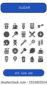 sugar icon set. 25 filled sugar icons.  Simple modern icons about  - Tea, Blood test, Pretzel, Coffee, Biscuit, Lollipop, Chocolate, Doughnut, Cookie, Gummy bear, Marshmallow