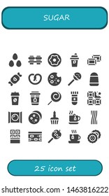 sugar icon set. 25 filled sugar icons.  Collection Of - Candies, Coffee, Donut, Chocolate, Candy, Pretzel, Cookie, Lollipop, Tea, Blood test, Cupcake, Liquorice, Nougat, Caramelized apple