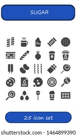 sugar icon set. 25 filled sugar icons.  Collection Of - Marshmallow, Coffee, Cupcake, Sugar, Biscuit, Nougat, Stick candy, Beet, Tea, Popsicle, Jelly beans, Candy, Chocolate, Lollipop