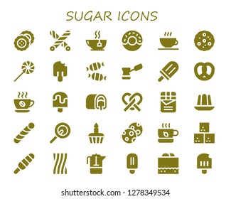  sugar icon set. 30 filled sugar icons. Simple modern icons about  - Biscuit, Liquorice, Tea, Donut, Coffee shop, Cookie, Sweet, Popsicle, Candy, Coffee, Pretzel, Snack cake, Chocolate