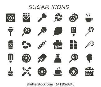 sugar icon set. 30 filled sugar icons.  Simple modern icons about  - Candy, Chocolate bar, Lollipop, Biscuit, Chocolate, Cotton candy, Popsicle, Coffee, Jelly beans, Coffee shop